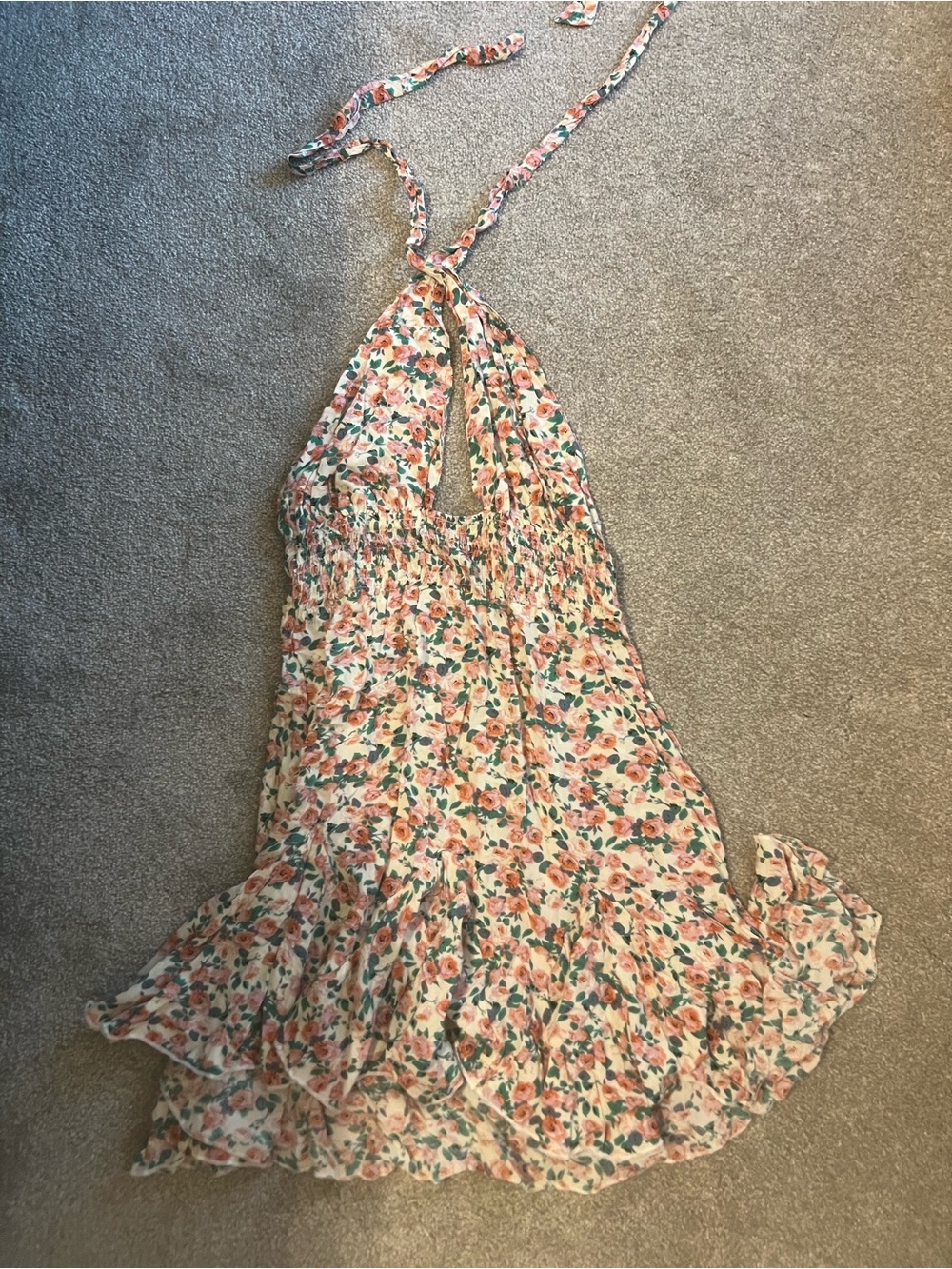 SHEIN Peach Floral Halter Mini Dress with Green Leaves
